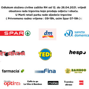 Odlukom stožera civilne zaštite  PGŽ, privremena obustava rada trgovina sa odjećom i obućom i novo radno vrijeme od 12. 04. do 26.06.2021.
